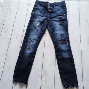 Jordache 3 Buttons Jeans Girls SIZE 7 Raw Hem Skinny High Rise Dark Wash